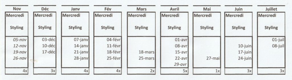Planning 2025-2026 cours de Styling cubain